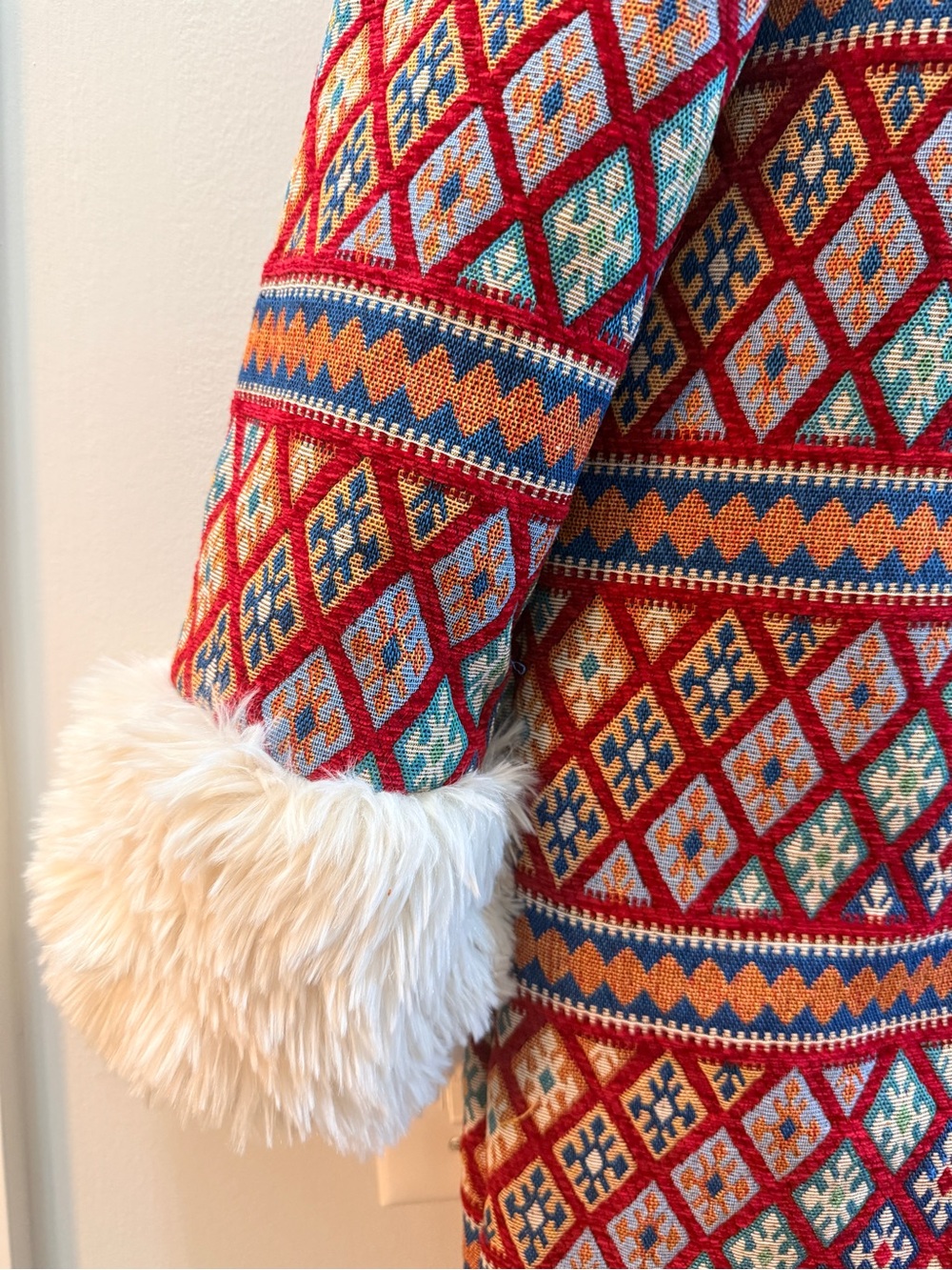 Maximalist boho faux fur quilted pattern coat
